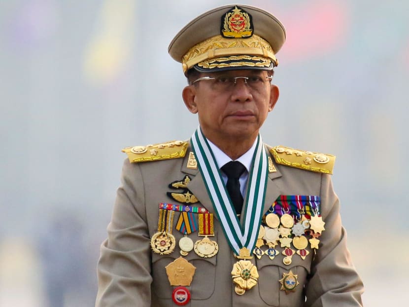 Myanmar's junta chief Senior General Min Aung Hlaing, who ousted the elected government in a coup on February 1, presides an army parade on Armed Forces Day in Naypyitaw, Myanmar, March 27, 2021.