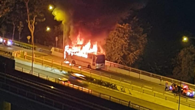 Bus catches fire on flyover in Jurong East Bus catches fire on flyover in Jurong East