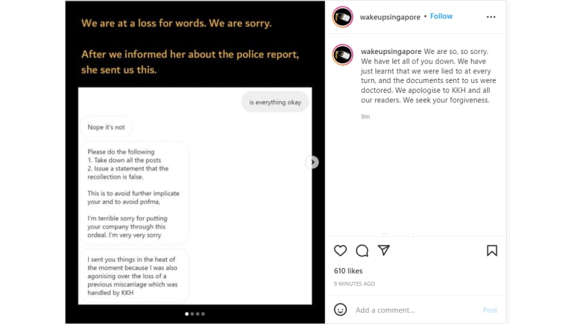 Wake Up Singapore apologises for posting woman's claims that she lost her baby following KKH police report Wake Up Singapore apologises for posting woman's claims that she lost her baby following KKH police report