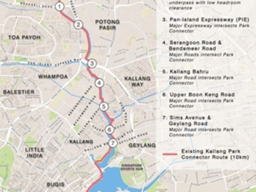 Locations of crossings along the Kallang Park Connector. Photo: Urban Redevelopment Authority