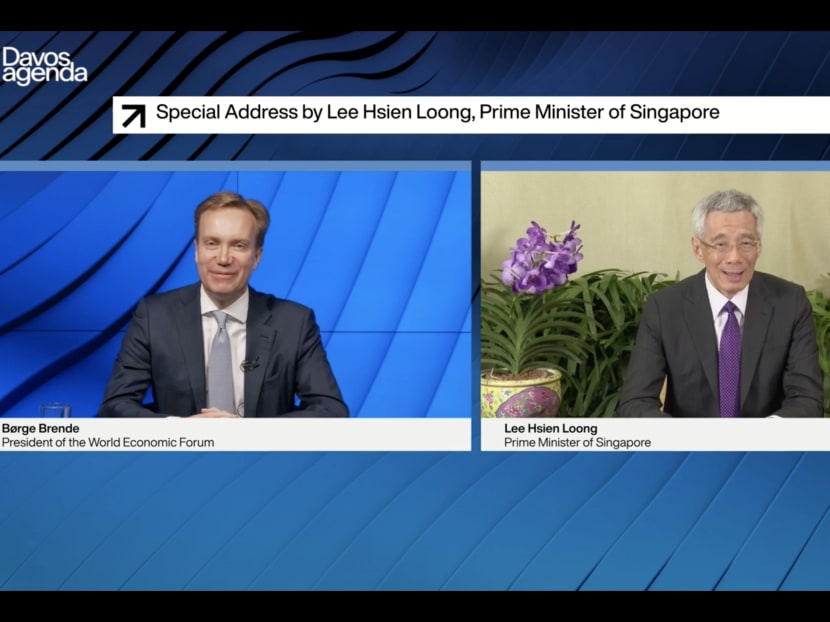 Mr Borge Brende (left), president of the World Economic Forum, and Prime Minister Lee Hsien Loong (right) attending a virtual dialogue on Jan 29, 2021.