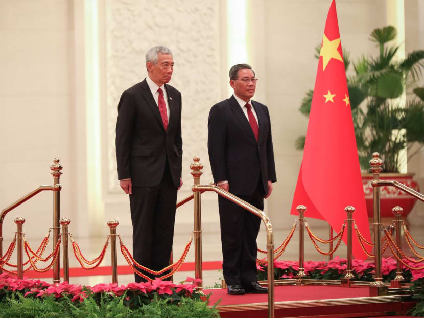 Prime Minister Lee Hsien Loong was welcomed by Chinese Premier Li Qiang (R) at the Great Hall of the People in the Chinese capital of Beijing on Saturday (April 1) morning.
