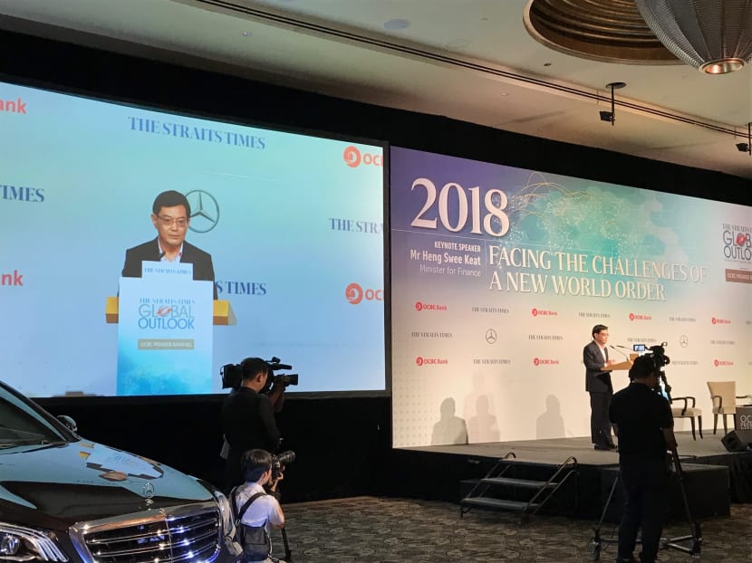 Minister for Finance Heng Swee Keat speaking at the Straits Times Global Outlook Forum on Tuesday (Dec 5). Photo: Angela Teng/TODAY