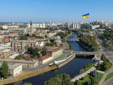 Ukraine's national flag waves in central Kharkiv during a long curfew, as Russia's attack on Ukraine continues, Ukraine on Aug 23, 2022.