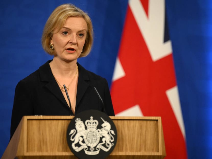 Britain's Prime Minister Liz Truss holds a press conference in the Downing Street Briefing Room in central London on Oct 14, 2022. Britain's Prime Minister Liz Truss holds a press conference in the Downing Street Briefing Room in central London on Oct 14, 2022.
