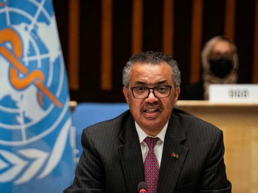 A handout photograph taken and released by the World Health Organization (WHO) on May 24, 2021, shows the Director General of the World Health Organization (WHO) Tedros Adhanom Ghebreyesus delivering a speech during the 74th World Health Assembly, at the WHO headquarters, in Geneva.