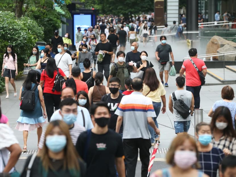 A crowd of people in Orchard Road on April 10, 2022. A crowd of people in Orchard Road on April 10, 2022.