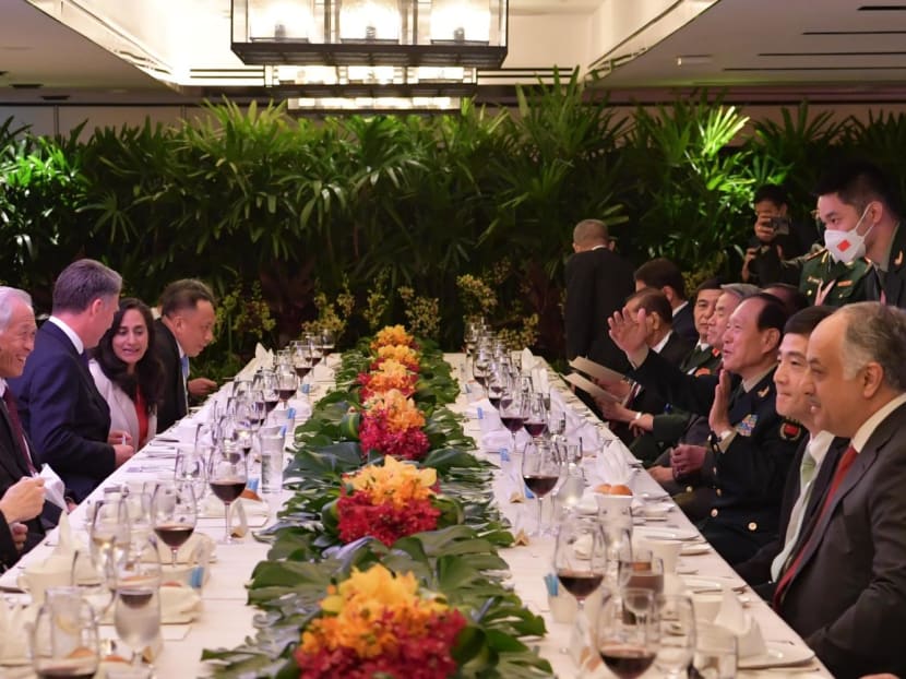 Singapore Defence Minister Ng Eng Hen (fourth from left) hosting ministers and their representatives to a luncheon at the Shangri-La Dialogue on June 11, 2022.