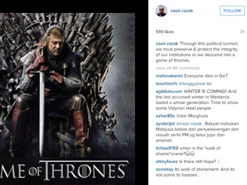 A screenshot of the Instagram post by Nazir Razak today (July 29, 2015) warning that Malaysia will slide into “a game of thrones” amid a Cabinet purge by his brother Prime Minister Najib Razak.