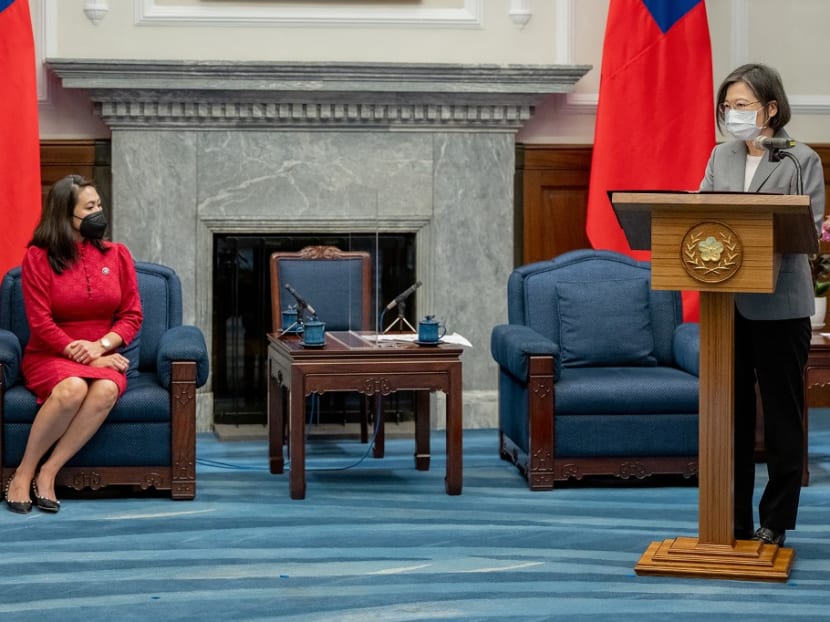 Taiwanese President Tsai Ing-wen (right) speaking during a meeting with a United States congressional delegation led by US Representative Stephanie Murphy (left) at the Presidential Office in Taipei.
Taiwanese President Tsai Ing-wen (right) speaking during a meeting with a United States congressional delegation led by US Representative Stephanie Murphy (left) at the Presidential Office in Taipei.