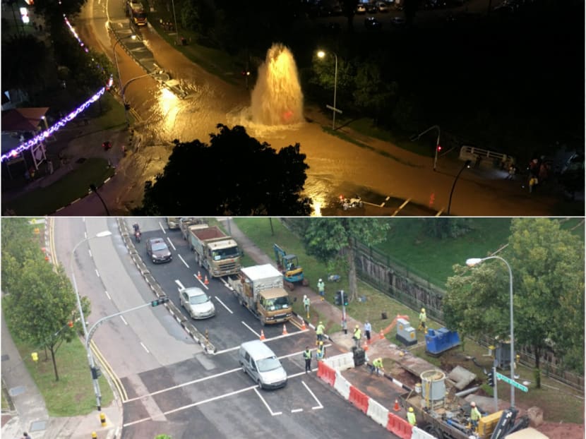 A composite image shows a burst water pipe spewing water along Bukit Batok West Ave 6 (top) on Tuesday (Sep 26) night and same water pipe being repaired at around 9am on Wednesday morning. Photos: Raj Nadarajan (top) and Koh Mui Fong/TODAY