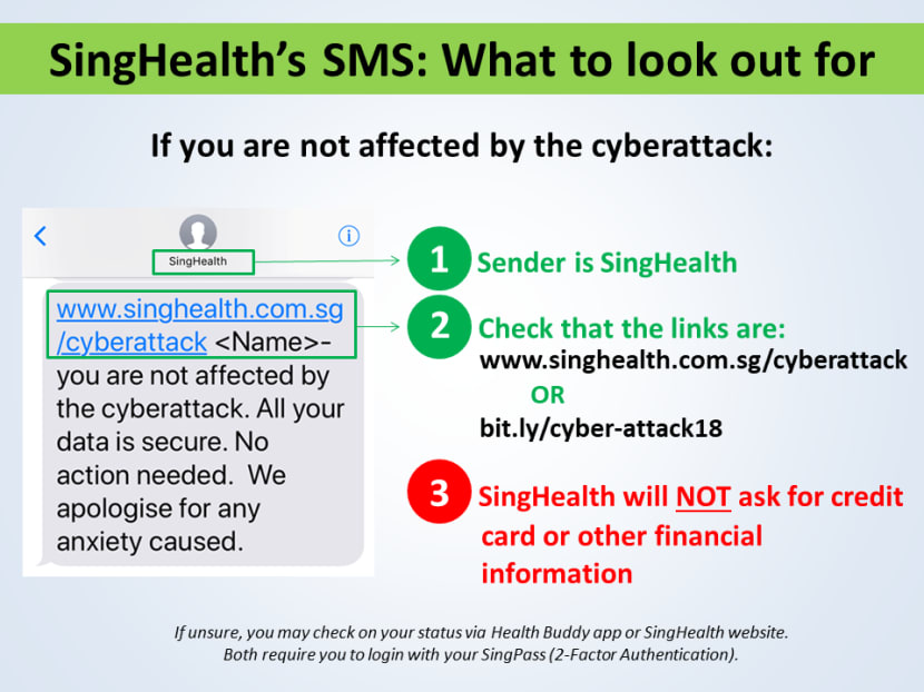 A sample image of an SMS from SingHealth a recipient would see if their data is secure.