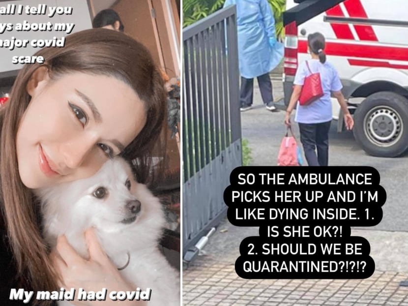 Screengrabs from social media personality Jade Rasif's Instagram account where she recounted how her migrant domestic worker was released from quarantine early, only to be found to be Covid-19 positive two weeks later.