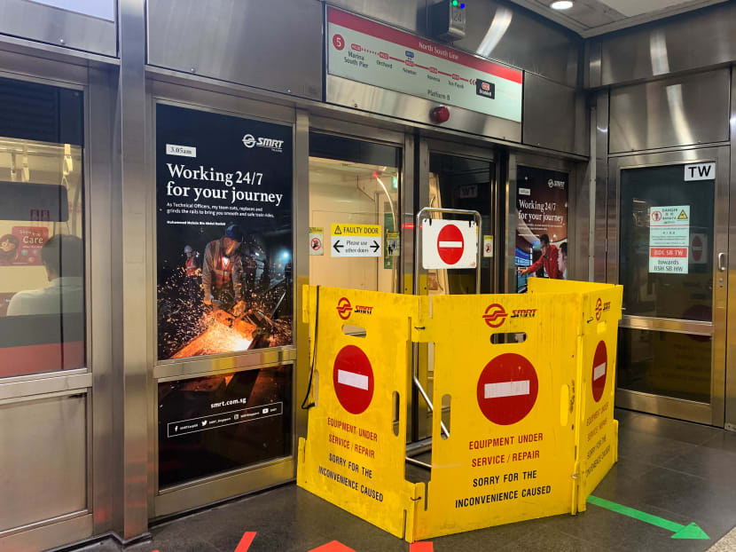 Fault causes platform screen doors at Braddell MRT Station to stay open as trains moved in and out Fault causes platform screen doors at Braddell MRT Station to stay open as trains moved in and out