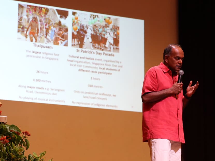 Law and Home Affairs Minister K Shanmugam speaks at a post-Thaipusam dialogue at PGP Hall, Sri Srinivasa Perumal Temple, on March 25, 2018. Photo: Koh Mui Fong/TODAY