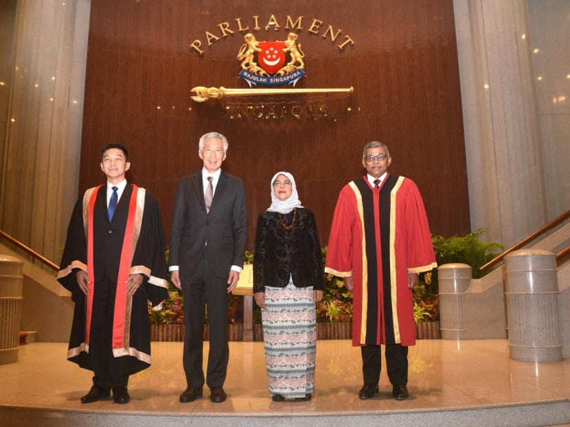 From left: Speaker of Parliament Tan Chuan-Jin, Prime Minister Lee Hsien Loong, President Halimah Yacob and Chief Justice Sundaresh Menon at the Parliament House on April 10, 2023.