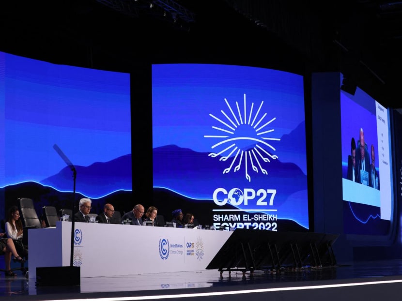 Egypt's Foreign Minister Sameh Shukri, heads the closing session of the COP27 climate conference, at the Sharm el-Sheikh International Convention Centre in Egypt's Red Sea resort city of the same name, on Nov 20, 2022.