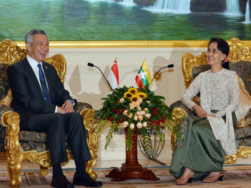 Prime Minister Lee Hsien Loong smiles as he speaks with Myanmar’s State Counsellor Aung San Suu Kyi during a meeting in Naypyitaw, Myanmar, on June 7, 2016. Photo: Pool via AP