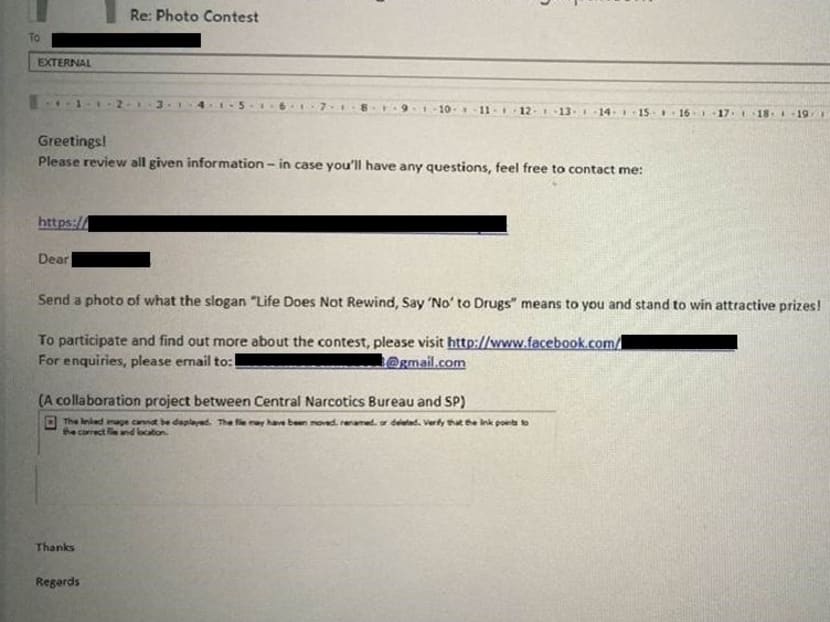 A sample of an email that looks to be sent by the Central Narcotics Bureau regarding a photo contest but is really not.