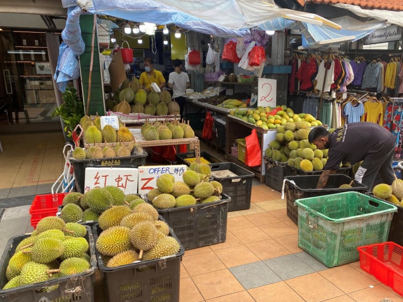 Durians being sold at fruit stall Hong Heng Fruit Trading in Toa Payoh on June 17, 2022.