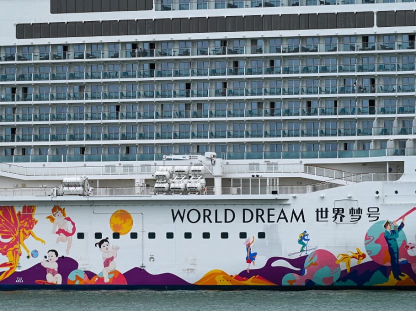 Dream Cruises' World Dream cruise ship docked at the Marina Bay Cruise Centre in Singapore in July 2021.