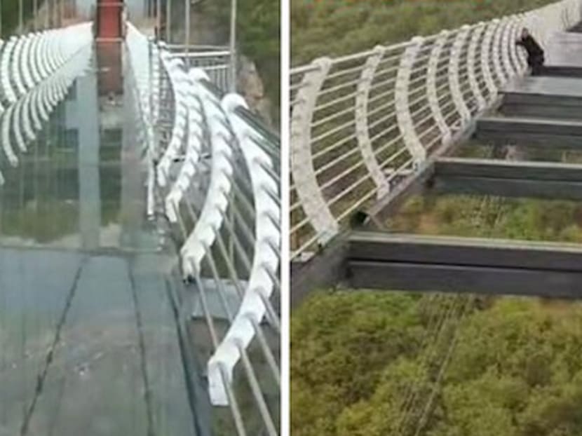 A tourist was left hanging on for his life after the glass-bottomed bridge he was on at a resort in northeast China's Jilin Province gave way.
