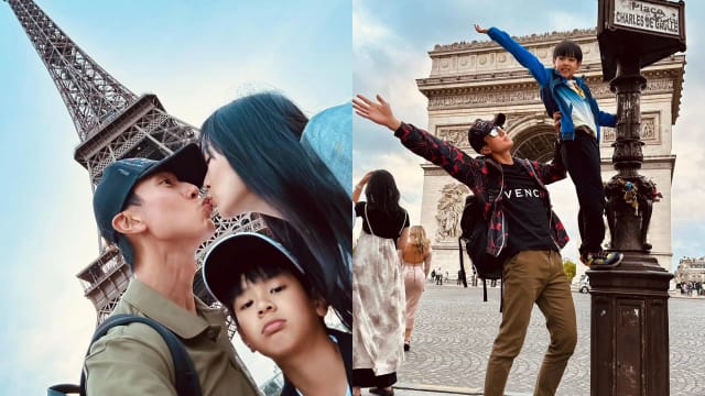 吴尊与妻在巴黎铁塔下亲吻　爱儿表情意外成亮点