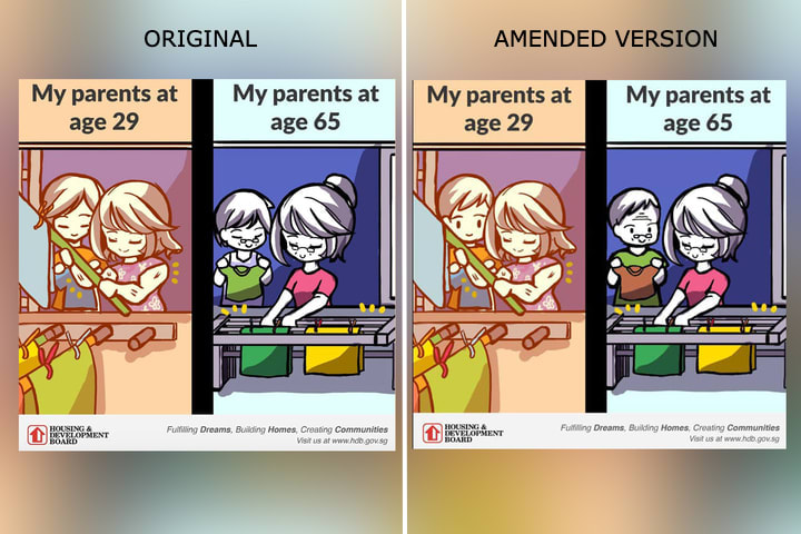 The left-hand panel, posted by HDB on its Facebook page in May, drew some comments suggesting both parents look like women. On Thursday (June 16), HDB amended the graphic, as shown in the right-hand panel, "to avoid misunderstanding". The left-hand panel, posted by HDB on its Facebook page in May, drew some comments suggesting both parents look like women. On Thursday (June 16), HDB amended the graphic, as shown in the right-hand panel, "to avoid misunderstanding".