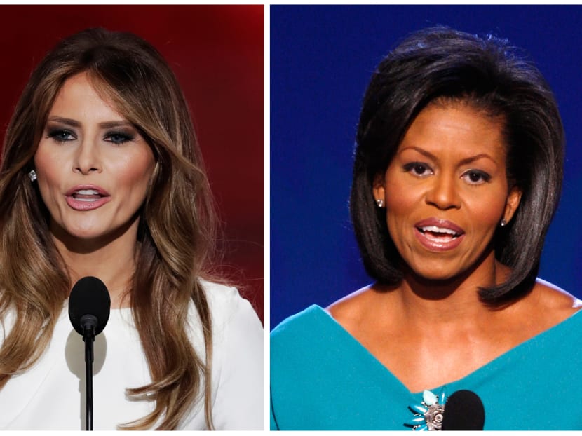 Melania Trump, left, on Monday, and Michelle Obama in 2008. Photos: AP