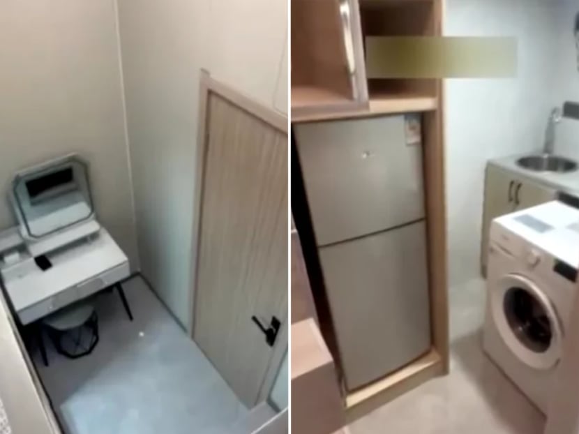 Screenshots from a Weibo video showing some of the amenities provided in a micro apartment in Shanghai, China.