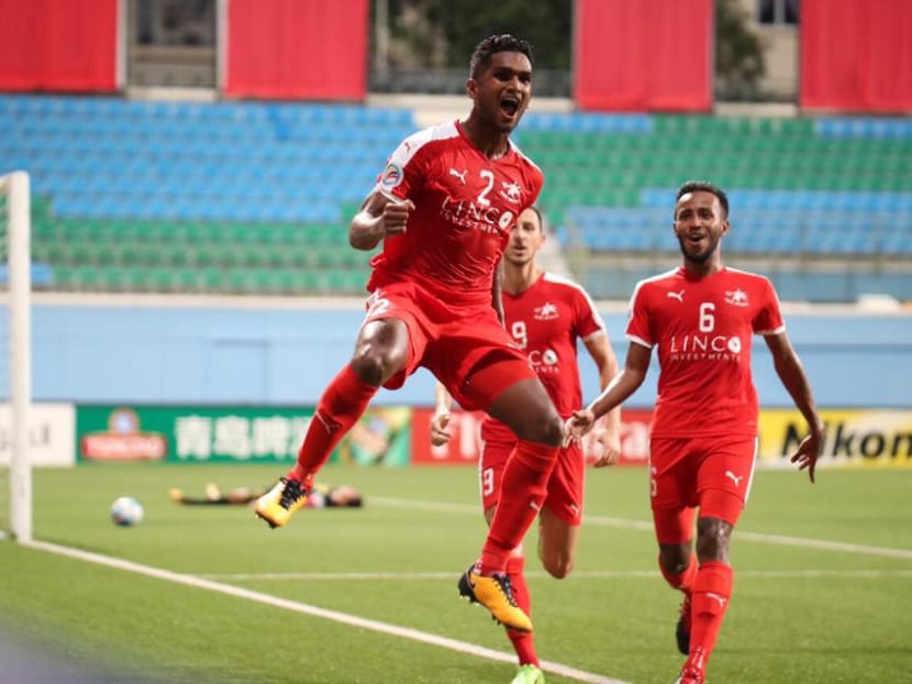 Home United midfielder Hariss Harun celebrating his winner against Philippines side Ceres-Negros FC on August 2, 2017. Photo: Home United Football Club