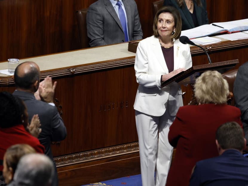 United States Speaker of the House Nancy Pelosi delivers remarks from the House Chambers of the US Capitol Building on Nov 17, 2022 in Washington, DC. United States Speaker of the House Nancy Pelosi delivers remarks from the House Chambers of the US Capitol Building on Nov 17, 2022 in Washington, DC.