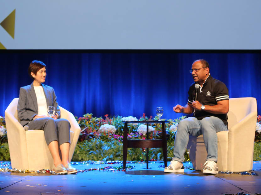 Manpower Minister Josephine Teo (left) at the PropNex Convention on Aug 20, 2019. PropNex CEO Ismail Gafoor (right) said that property agents who made S$100,000 worth of sales in 2018 could still face cashflow problems.