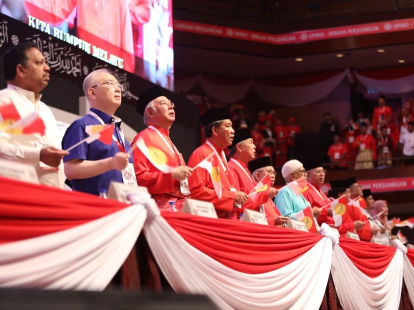 Umno leaders including Mr Zahid (fifth from left), along with those from BN and PAS, at the party's congress earlier this month.