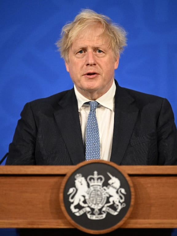 Britain's prime minister Boris Johnson attends a press conference in the Downing Street Briefing Room in central London on May 25, 2022, following the publication of the Sue Gray report.
