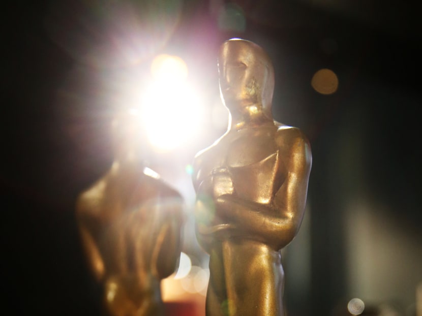 A pair of prop Oscars are seen during rehearsals for the 87th Academy Awards in Los Angeles. Photo: AP