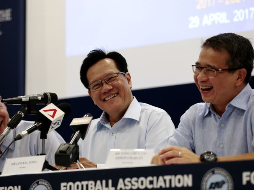 Team LKT's Lim Kia Tong (C), Bernard Tan (L) and Edwin Tong attend a press conference after the FAS elections, on April 29, 2017. Photo: Jason Quah/TODAY