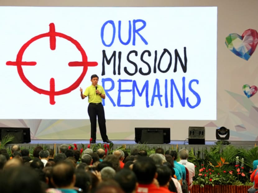 NTUC Secretary-General Chan Chun Sing delivering his speech during the May Day Rally at Our Tampines Hub. Photo: Nuria Ling/TODAY