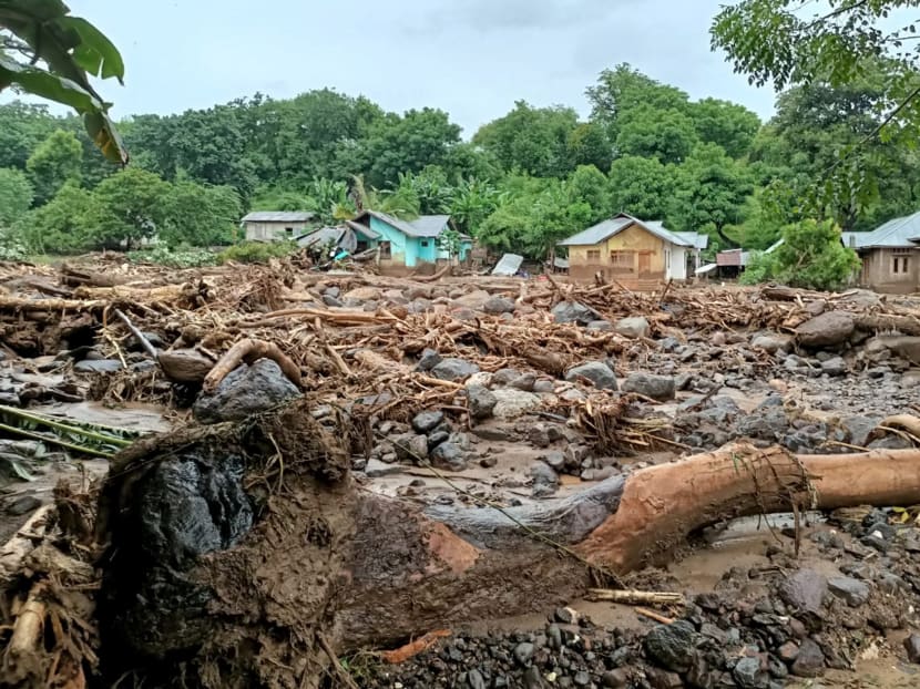 This general view shows debris left behind in the town of Adonara in East Flores on April 4, 2021, after flash floods and landslides swept eastern Indonesia and neighbouring East Timor.