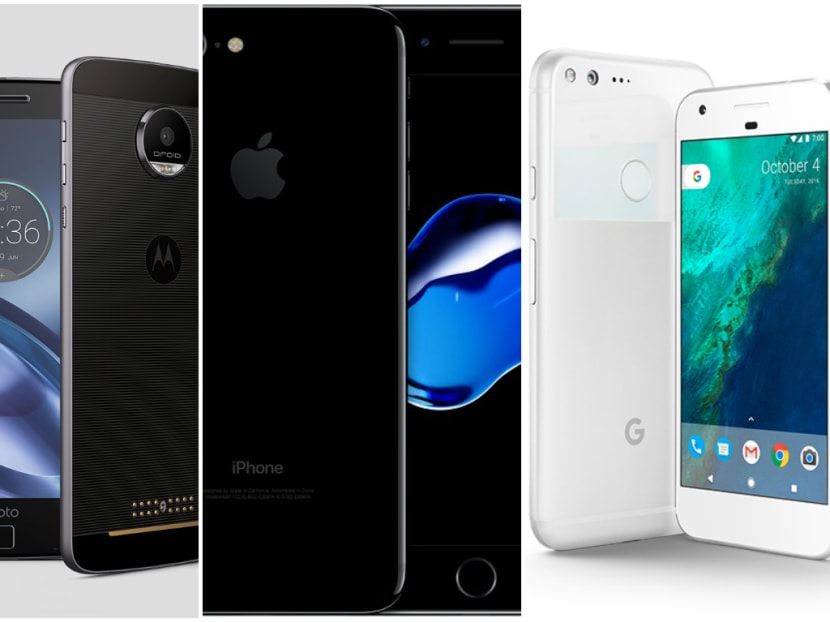 From left to right: Motorola's Moto Z, Apple's iPhone 7 Plus, Google's Pixel.