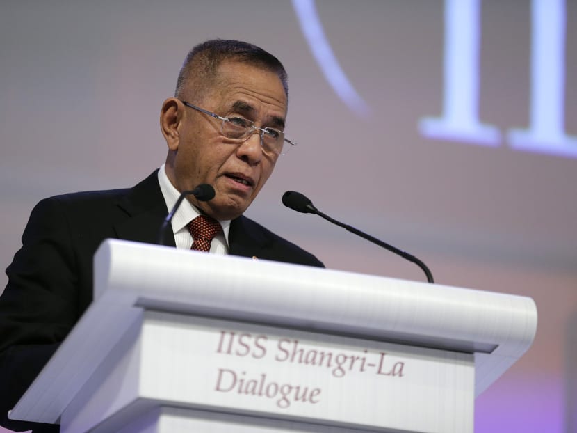 Indonesia's Defense Minister Ryamizard Ryacudu delivers his remarks on the topic "New Forms of Security Collaboration in Asia" during the 14th International Institute for Strategic Studies Shangri-la Dialogue. Photo: AP