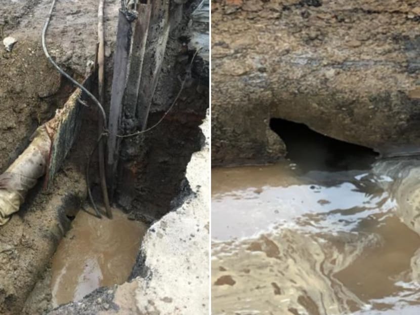 PUB's water main damaged by a piling machine (left), with a 100mm by 30mm hole found on the water main (right).