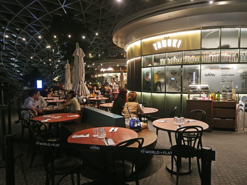 Dining outlets on the fifth floor of Jewel Changi Airport. To support the livelihood of restaurant owners and employees, Jewel approached its tenants to give them a 50 per cent rebate on rent for two months. Dining outlets on the fifth floor of Jewel Changi Airport. To support the livelihood of restaurant owners and employees, Jewel approached its tenants to give them a 50 per cent rebate on rent for two months.