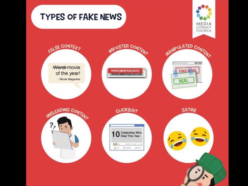 The graphic was posted by the Media Literacy Council last Thursday and showed six different types of fake news: False context, imposter content, manipulated content, misleading content, clickbait and satire.
