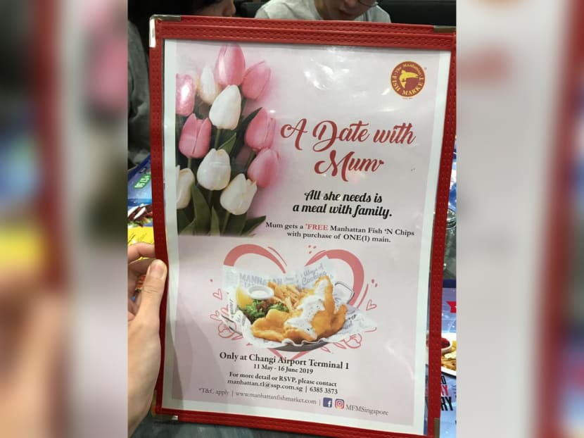Changi Airport Terminal 1's Manhattan Fish Market restaurant ran a promotion offering a complimentary fish and chips to mothers who dine with their families.