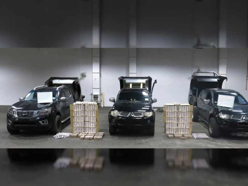 A total of 512 cartons and 759 packets of contraband cigarettes were seized, and three men — all Malaysians and aged 28 to 33 — were arrested. A total of 512 cartons and 759 packets of contraband cigarettes were seized, and three men — all Malaysians and aged 28 to 33 — were arrested.