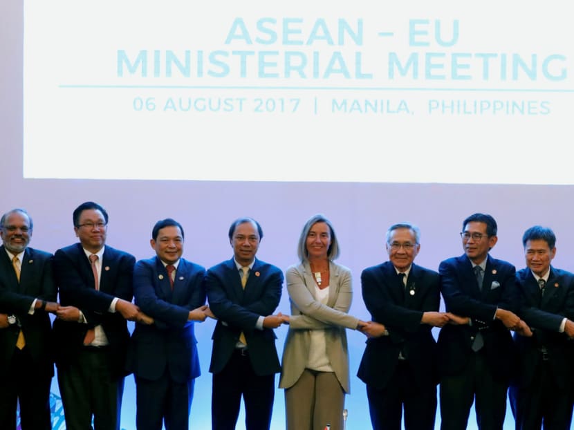 EU High Representative Federica Mogherini (centre) with Asean Foreign Ministers and their representatives during the Asean-EU ministerial meeting in the Phillipines on Aug 6. Conceived in different historical contexts, the two organisations follow diverging paths of regionalism. Photo: Reuters