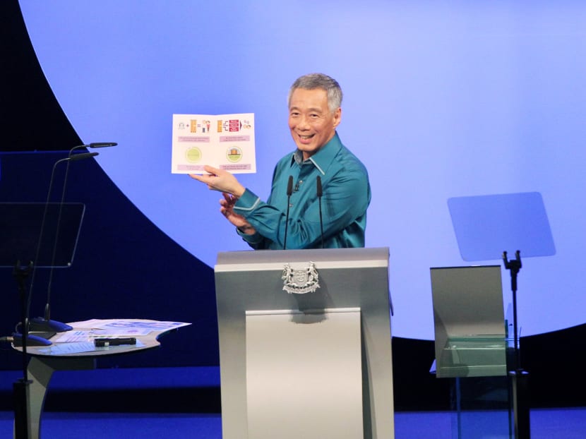 Prime Minister Lee Hsien Loong holds up a new CPF booklet during his speech at the National Day Rally at the ITE Headquarters and College Central on Aug 17, 2014. Photo: Ooi Boon Keong