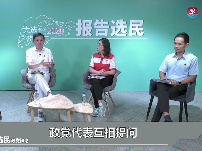 From left to right: Ms Ang Yiting, moderator of a dialogue session among Mr Chan Chun Sing from the People's Action Party, Ms Hazel Poa from the Progress Singapore Party and Mr Kenneth Foo from the Workers’ Party.