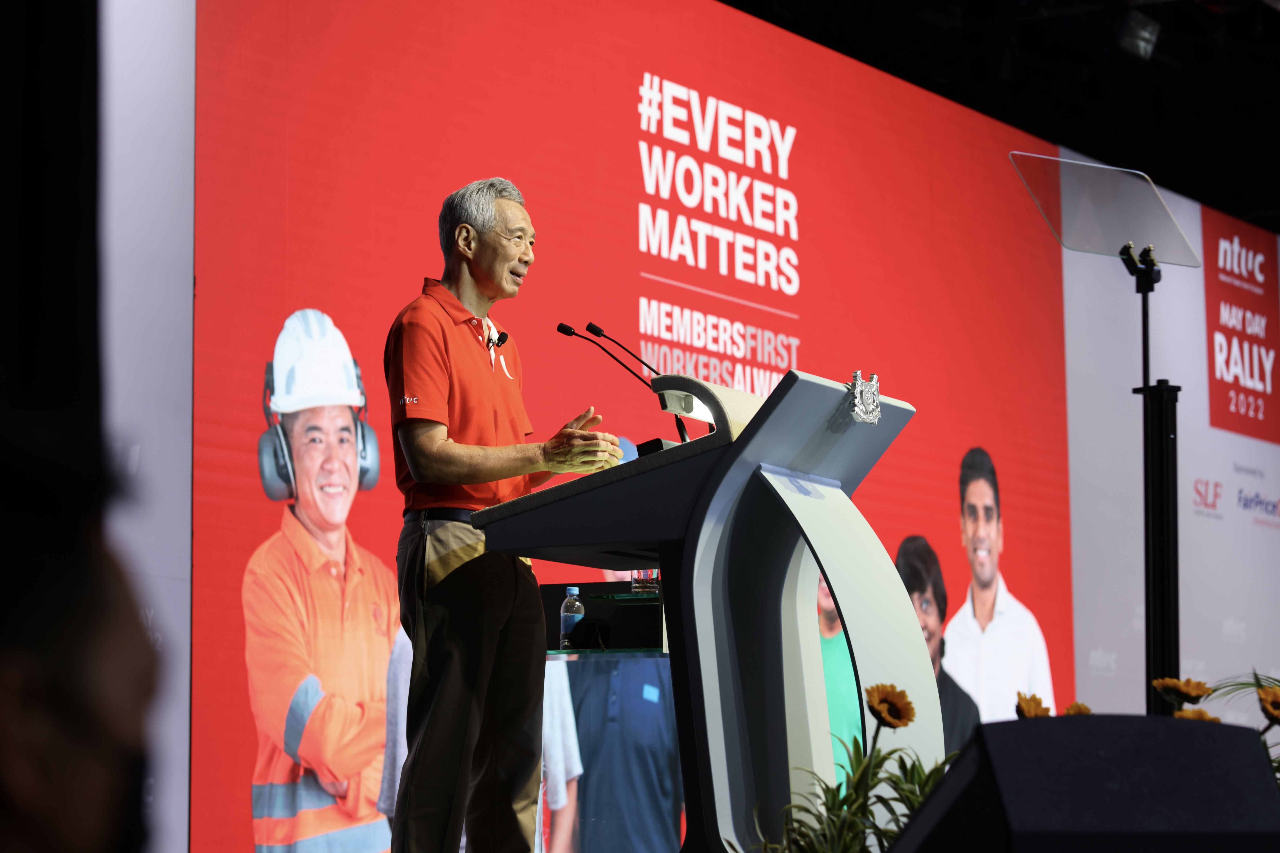 Prime Minister Lee Hsien Loong speaking at the May Day Rally. Prime Minister Lee Hsien Loong speaking at the May Day Rally.